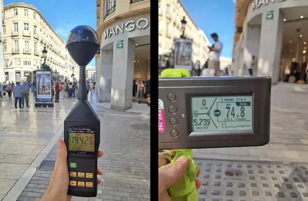 Mediciones de radiofrecuencia y de campo magnético junto a una arqueta en calle Larios, Málaga